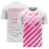 Custom White Pink Distressed Diagonal Stripe Pattern Sports Sublimation Soccer Uniform Jersey