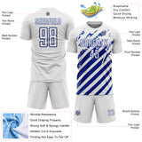 Custom White Royal Distressed Diagonal Stripe Pattern Sports Sublimation Soccer Uniform Jersey