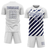 Custom White Navy Distressed Diagonal Stripe Pattern Sports Sublimation Soccer Uniform Jersey