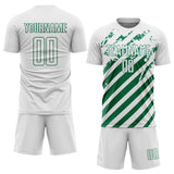 Custom White Kelly Green Distressed Diagonal Stripe Pattern Sports Sublimation Soccer Uniform Jersey