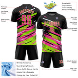 Custom Black Pink Neon Green-White Grunge Stripe And Grainy Sports Sublimation Soccer Uniform Jersey