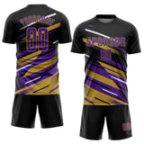 Custom Black Purple Old Gold-White Grunge Stripe And Grainy Sports Sublimation Soccer Uniform Jersey