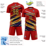 Custom Red Old Gold Navy-White Grunge Stripe And Grainy Sports Sublimation Soccer Uniform Jersey