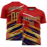 Custom Red Old Gold Navy-White Grunge Stripe And Grainy Sports Sublimation Soccer Uniform Jersey