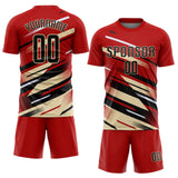 Custom Red Black Cream-White Grunge Stripe And Grainy Sports Sublimation Soccer Uniform Jersey