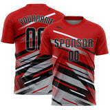 Custom Red Black Gray-White Grunge Stripe And Grainy Sports Sublimation Soccer Uniform Jersey