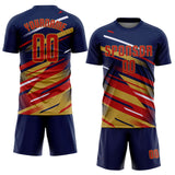 Custom Navy Red Old Gold-White Grunge Stripe And Grainy Sports Sublimation Soccer Uniform Jersey