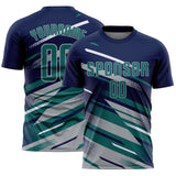 Custom Navy Teal Gray-White Grunge Stripe And Grainy Sports Sublimation Soccer Uniform Jersey