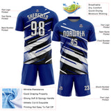 Custom Royal White-Black Grunge Stripe And Grainy Sports Sublimation Soccer Uniform Jersey
