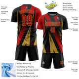 Custom Black Red-Old Gold Radial Burst Sports Sublimation Soccer Uniform Jersey