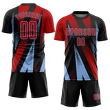 Custom Black Red-Light Blue Radial Burst Sports Sublimation Soccer Uniform Jersey