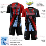 Custom Black Red-Light Blue Radial Burst Sports Sublimation Soccer Uniform Jersey