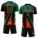 Custom Black Kelly Green-Orange Radial Burst Sports Sublimation Soccer Uniform Jersey