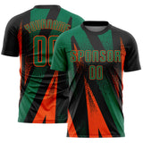 Custom Black Kelly Green-Orange Radial Burst Sports Sublimation Soccer Uniform Jersey