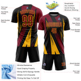 Custom Black Crimson-Gold Radial Burst Sports Sublimation Soccer Uniform Jersey