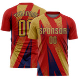 Custom Red Old Gold-Navy Radial Burst Sports Sublimation Soccer Uniform Jersey