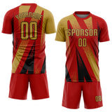Custom Red Old Gold-Black Radial Burst Sports Sublimation Soccer Uniform Jersey