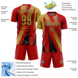 Custom Red Old Gold-Black Radial Burst Sports Sublimation Soccer Uniform Jersey