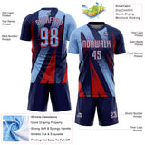 Custom Navy Light Blue-Red Radial Burst Sports Sublimation Soccer Uniform Jersey