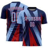 Custom Navy Light Blue-Red Radial Burst Sports Sublimation Soccer Uniform Jersey
