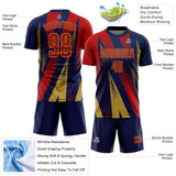 Custom Navy Red-Old Gold Radial Burst Sports Sublimation Soccer Uniform Jersey