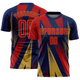 Custom Navy Red-Old Gold Radial Burst Sports Sublimation Soccer Uniform Jersey