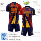 Custom Navy Red-Gold Radial Burst Sports Sublimation Soccer Uniform Jersey
