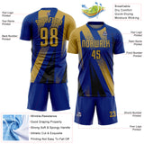 Custom Royal Old Gold-Black Radial Burst Sports Sublimation Soccer Uniform Jersey