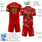 Custom Red Old Gold Navy-White Abstract Geometric Stripes Sports Sublimation Soccer Uniform Jersey