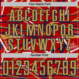 Custom Red Old Gold Navy-White Abstract Geometric Stripes Sports Sublimation Soccer Uniform Jersey