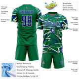 Custom Kelly Green Royal-White Abstract Geometric Stripes Sports Sublimation Soccer Uniform Jersey