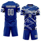 Custom Royal White-Black Abstract Geometric Stripes Sports Sublimation Soccer Uniform Jersey
