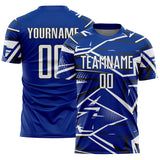 Custom Royal White-Black Abstract Geometric Stripes Sports Sublimation Soccer Uniform Jersey