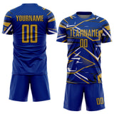 Custom Royal Old Gold Black-White Abstract Geometric Stripes Sports Sublimation Soccer Uniform Jersey