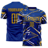 Custom Royal Old Gold Black-White Abstract Geometric Stripes Sports Sublimation Soccer Uniform Jersey