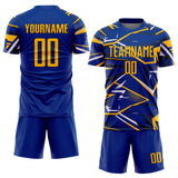 Custom Royal Gold Black-White Abstract Geometric Stripes Sports Sublimation Soccer Uniform Jersey
