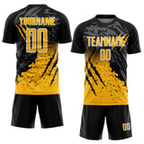 Custom Black Gold-White Gradient Claw Mark Splatter Sports Sublimation Soccer Uniform Jersey