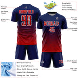 Custom Navy Red-White Gradient Wave Line Sports Sublimation Soccer Uniform Jersey
