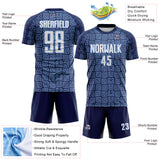 Custom Navy White-Light Blue Geometric Maze Interlocking Square Sports Sublimation Soccer Uniform Jersey