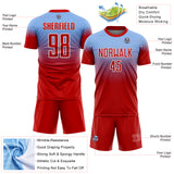 Custom Light Blue Red-White Fade Fashion Sublimation Soccer Uniform Jersey