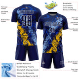 Custom Navy White Light Blue-Yellow Dripping Splatter Cracked Texture Sublimation Soccer Uniform Jersey