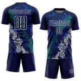 Custom Navy White Teal-Gray Dripping Splatter Cracked Texture Sublimation Soccer Uniform Jersey