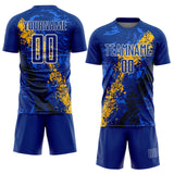 Custom Royal White Gold-Black Dripping Splatter Cracked Texture Sublimation Soccer Uniform Jersey