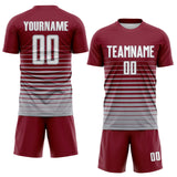 Custom Crimson White-Gray Gradient Pinstripe Sublimation Soccer Uniform Jersey