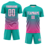 Custom Aqua White-Pink Gradient Pinstripe Sublimation Soccer Uniform Jersey