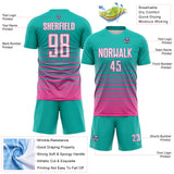 Custom Aqua White-Pink Gradient Pinstripe Sublimation Soccer Uniform Jersey