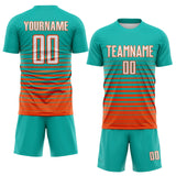 Custom Aqua White-Orange Gradient Pinstripe Sublimation Soccer Uniform Jersey