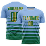 Custom Light Blue Kelly Green-Gold Gradient Pinstripe Sublimation Soccer Uniform Jersey