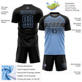Custom Black Light Blue-Steel Gray Gradient Horizontal Stripes Sublimation Soccer Uniform Jersey