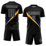 Custom Black White Royal-Yellow Diagonal Stripes Sports Sublimation Soccer Uniform Jersey